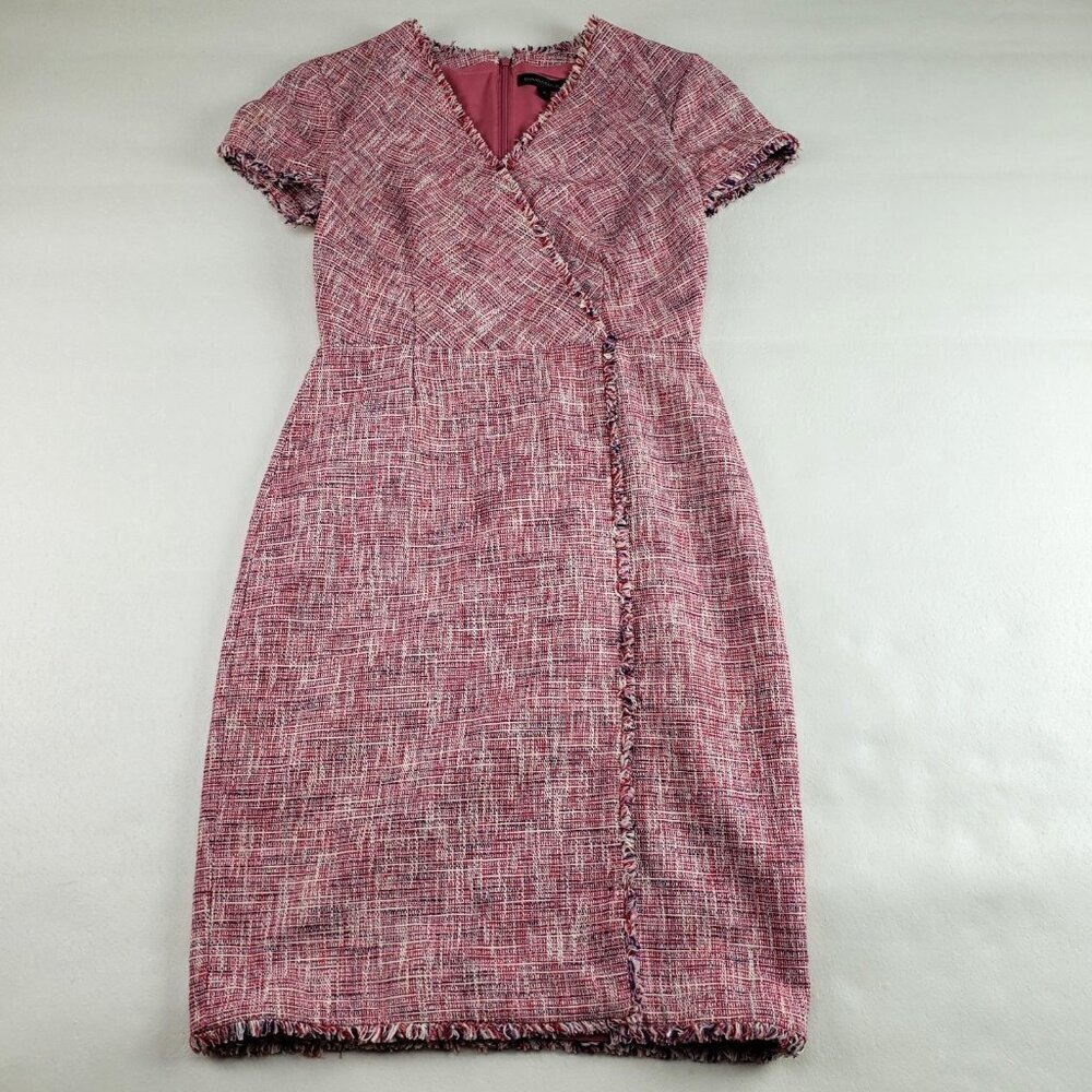 Banana Republic Tweed Fringe Dress Womens 4 Pink Sheath V Neck Faux Wrap